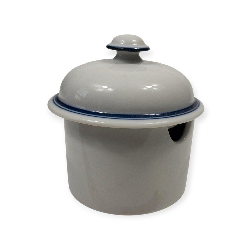 Dansk Bistro Ceramic Jelly Jar With Lid White & Blue Accents Vintage Kitchen Sto